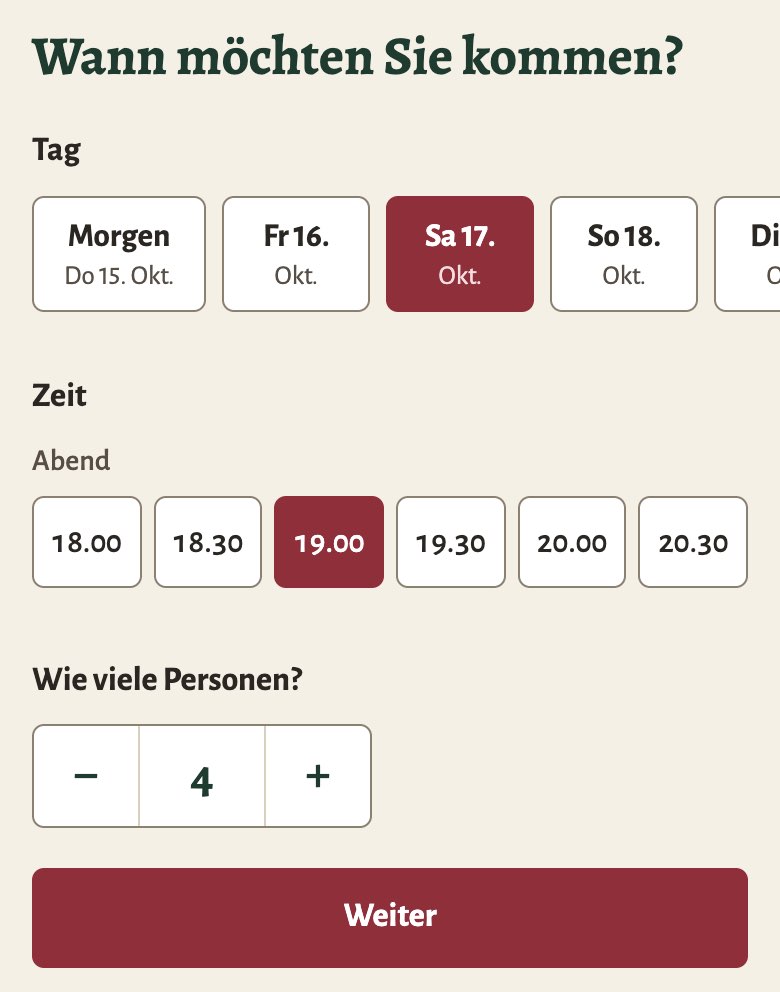 Ausschnitt der Beispiel-Website am Handy: Reservationsanfrage «Wann möchten Sie kommen?», gewählt sind Samstag, 17. Oktober, und 19.00 Uhr.