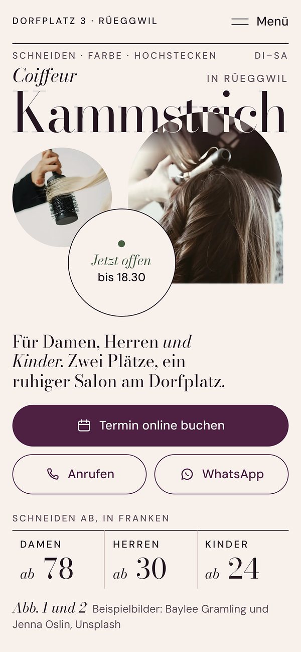 Kammstrich heute am Handy: Öffnungszeiten, Preise und ein Knopf für den Termin.
