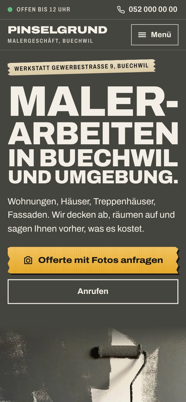 Pinselgrund heute am Handy: grosse Schrift, oben die Telefonnummer und der Knopf «Offerte mit Fotos anfragen».