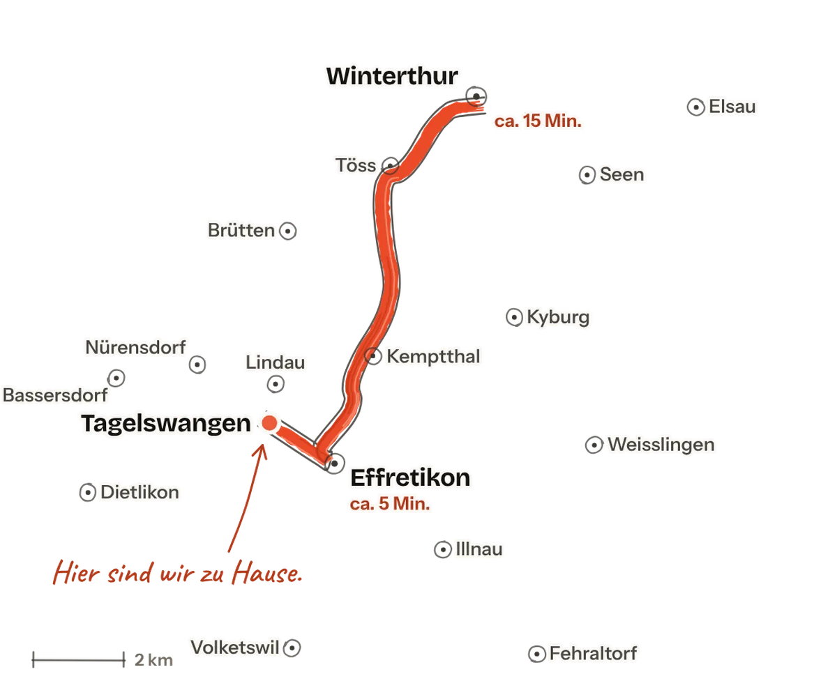 Gezeichnete Karte: die Strasse von Tagelswangen über Effretikon nach Winterthur. Von Tagelswangen sind es mit dem Auto rund 5 Minuten nach Effretikon und rund 15 Minuten nach Winterthur, ohne Stau. Rundherum liegen Lindau, Illnau, Kemptthal, Bassersdorf, Nürensdorf, Brütten, Weisslingen, Elsau, Fehraltorf, Volketswil, Kyburg, Dietlikon und die Winterthurer Quartiere Töss und Seen.