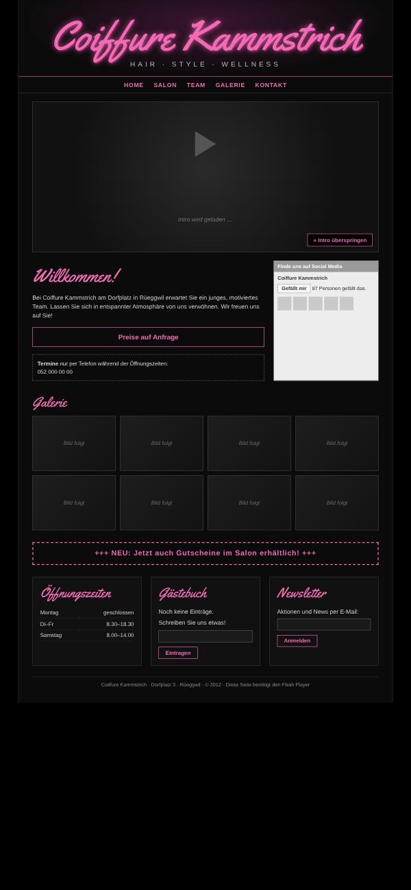 Erfundene alte Website von 2012: schwarz mit pinker Schrift, ein Intro-Video und «Preise auf Anfrage», am Handy winzig.