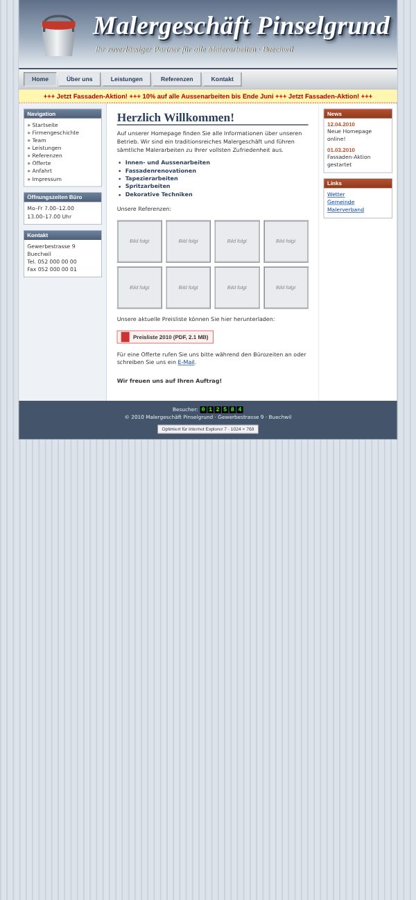 Erfundene alte Website von 2010: eine Seite für den Computer, am Handy winzig, die Telefonnummer klein am Rand.